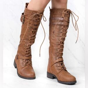 REFRESH | Tall Lace Up Combat Boots in Tan